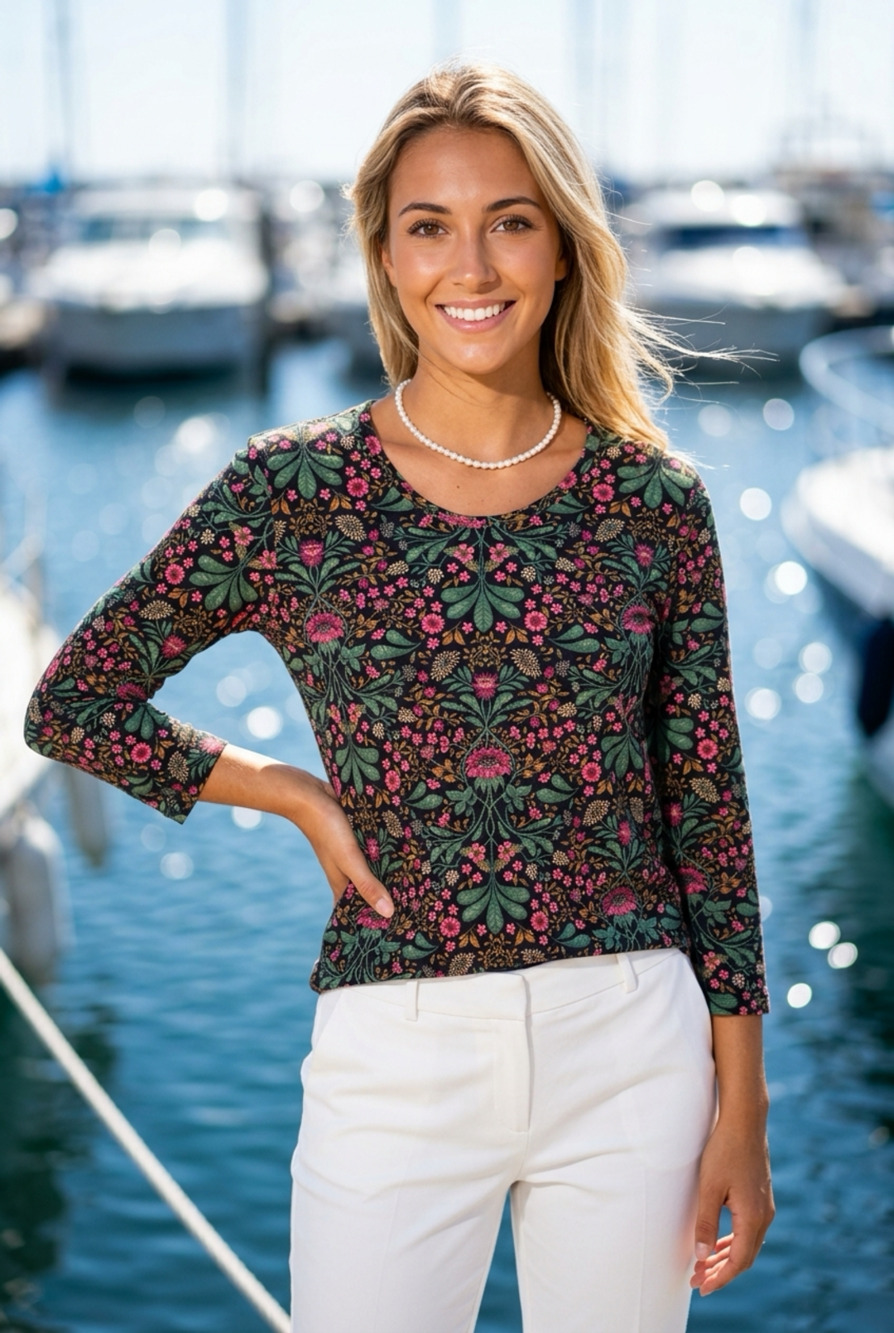 J.McLaughlin Floral Long Sleeve Top Size M Black Green Pink
